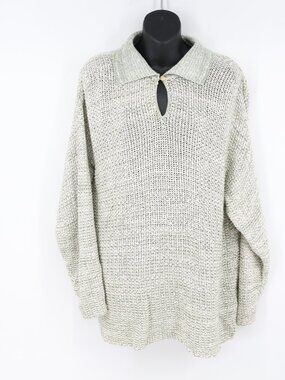 Vintage Avon Style Open Knit Collar Cotton Tunic Sweater 80s Warm XL Green White